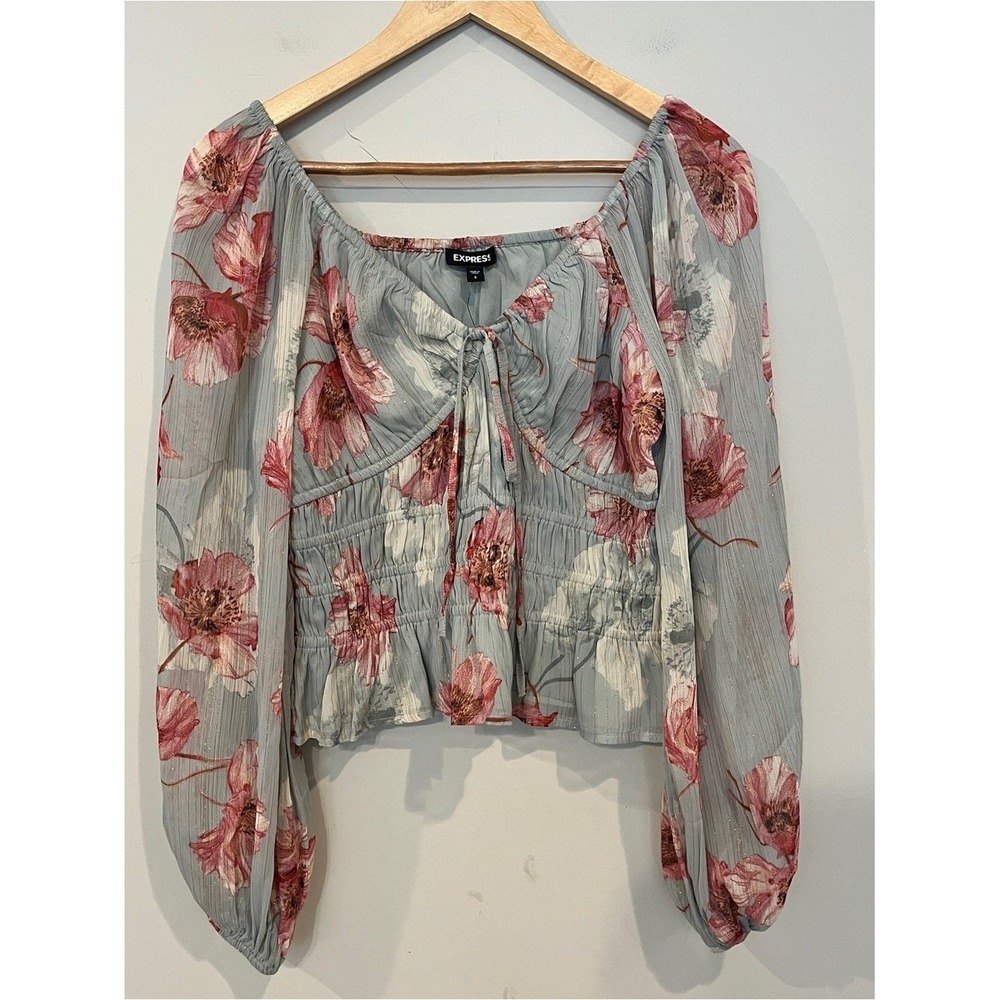 Express Floral Smocked Peplum Blouse Cottagecore Blue Small NWT Metallic